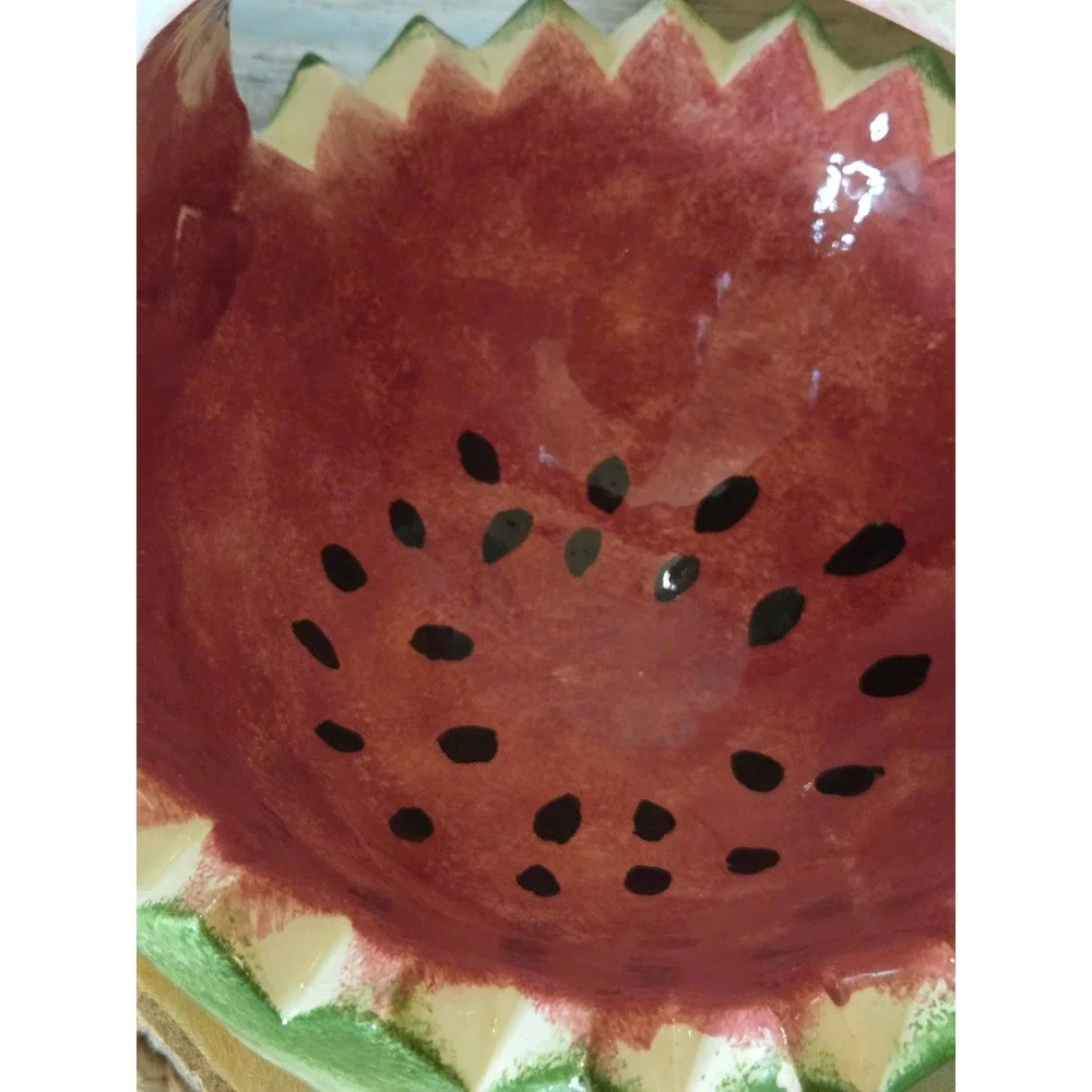 Vtg Watermelon Ceramic Basket Hand Painted Fruit Bowl Sawtooth Rim Summer Decor